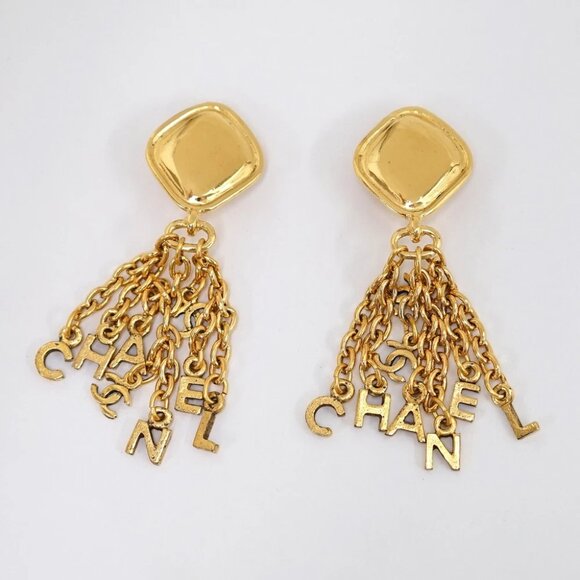 CHANEL CC Logos Fringe Dangle Clip-On Earrings Gold Tone Auth w/Box #1824 - Picture 3 of 6